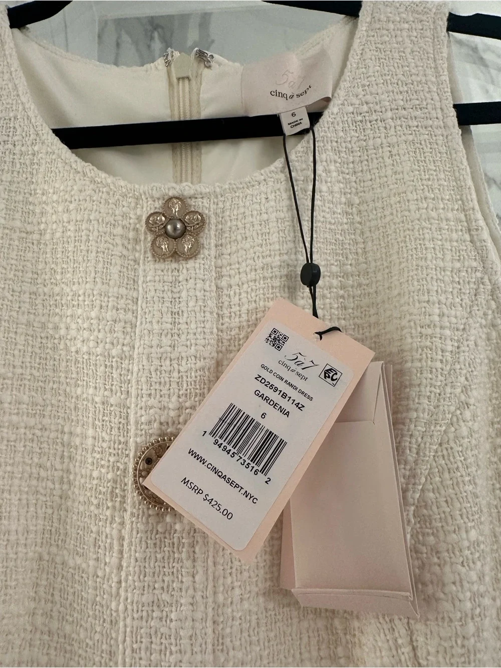 cinq a sept Cream Tweed Mini Dress with Decorative Buttons - Picture 6 of 7